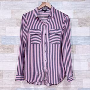 Express Striped Longline Utility Button Down Shirt Pink Gray Womens Medium